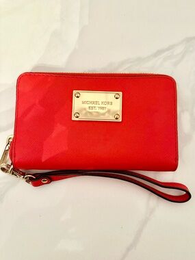 Michael Kors Bright Coral Saffiano Leather Zip Wristlet Wallet